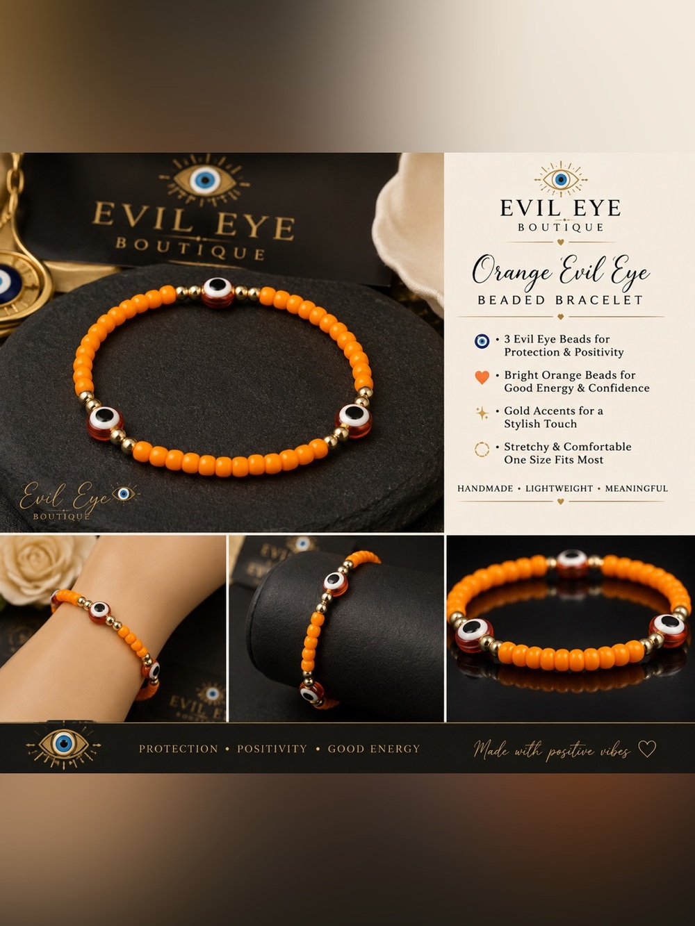Orange Beaded Evil Eye Bracelet #60